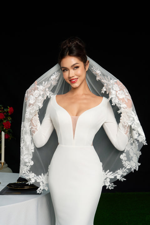 Fingertip Length Lace Floral Wedding Bridal Veil with Comb AS18