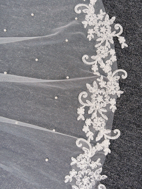 Pearl Fingertip Length Wedding Bridal Veil with Metal Comb AS14