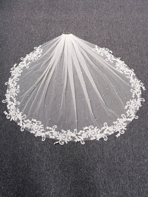 Pearl Fingertip Length Wedding Bridal Veil with Metal Comb AS14