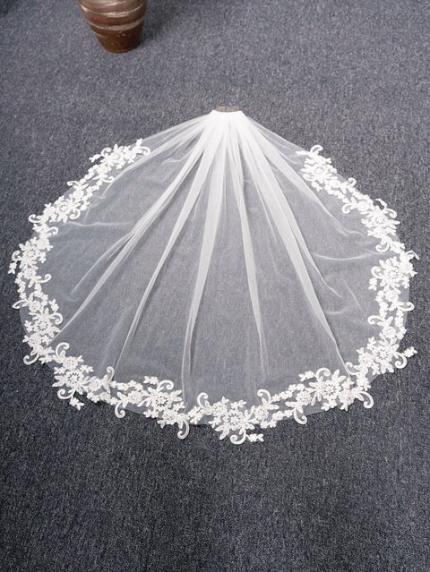 Pearl Fingertip Length Lace Wedding Bridal Veil with Comb AS15