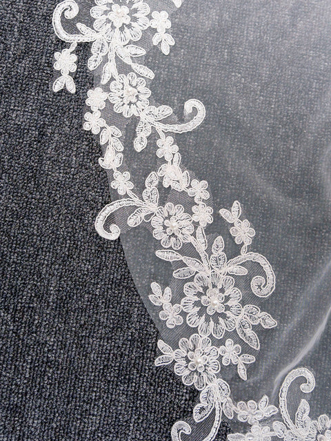 Pearl Fingertip Length Lace Wedding Bridal Veil with Comb AS15