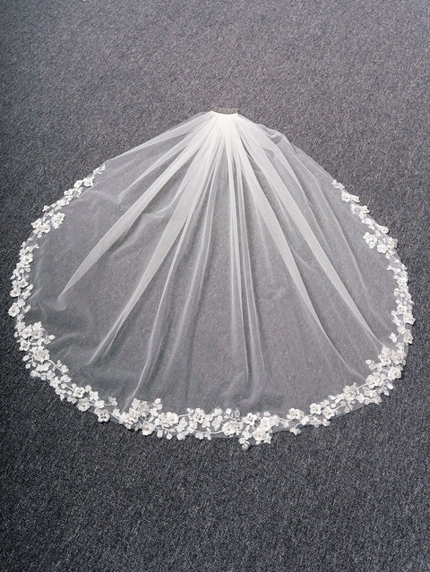 Pearl Fingertip Length Floral Wedding Bridal Veil with Comb AS19