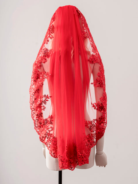 Red Tulle Lace Sequins Fingertip Length Wedding Veil with Comb for Bride OA21