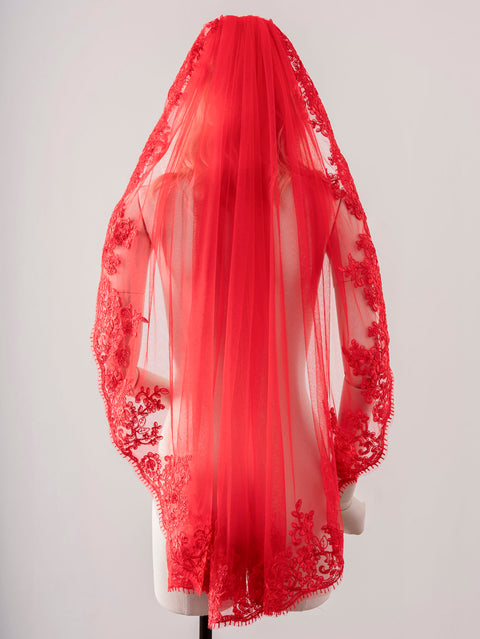 Red Fingertip Length Lace Applique Wedding Veil with Comb for Brides OA22