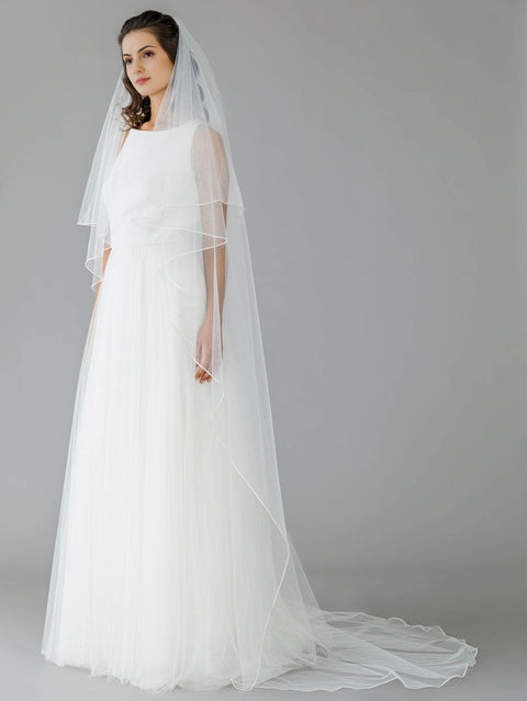 Pencil Edge 2 Tier Long Simple Plain Wedding Bridal Veil with Comb OA52