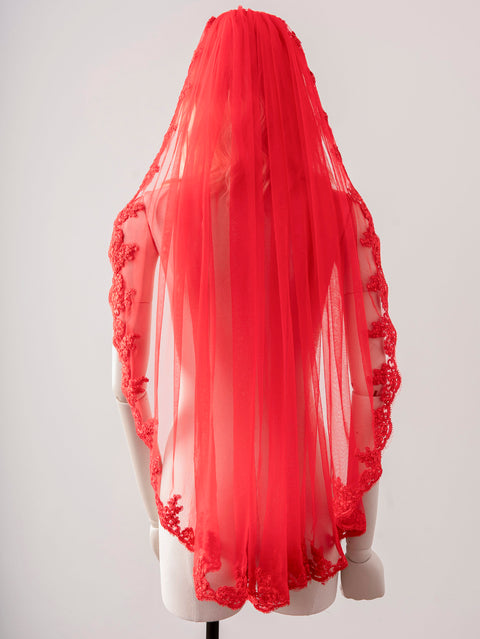 Red Fingertip Length Lace Applique Wedding Veil with Comb for Brides OA23