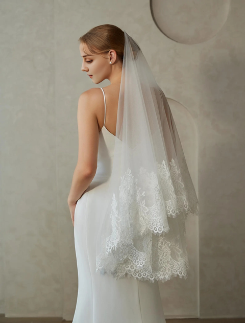 2 Tier Floral Lace Fingertip Length Wedding Bridal Veil with Comb for Bride Ivory OA43