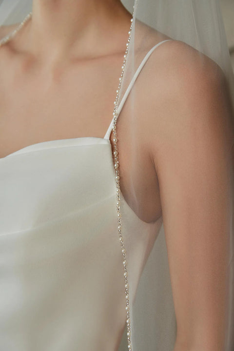 Pearls and Crystals Beaded Edge Fingertip Length Bridal Wedding Veil for Brides OA04