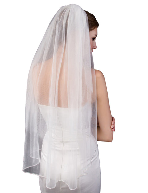 Crystal 1 Tier Short Fingertip Length Wedding Bridal Veil With Metal Comb L100