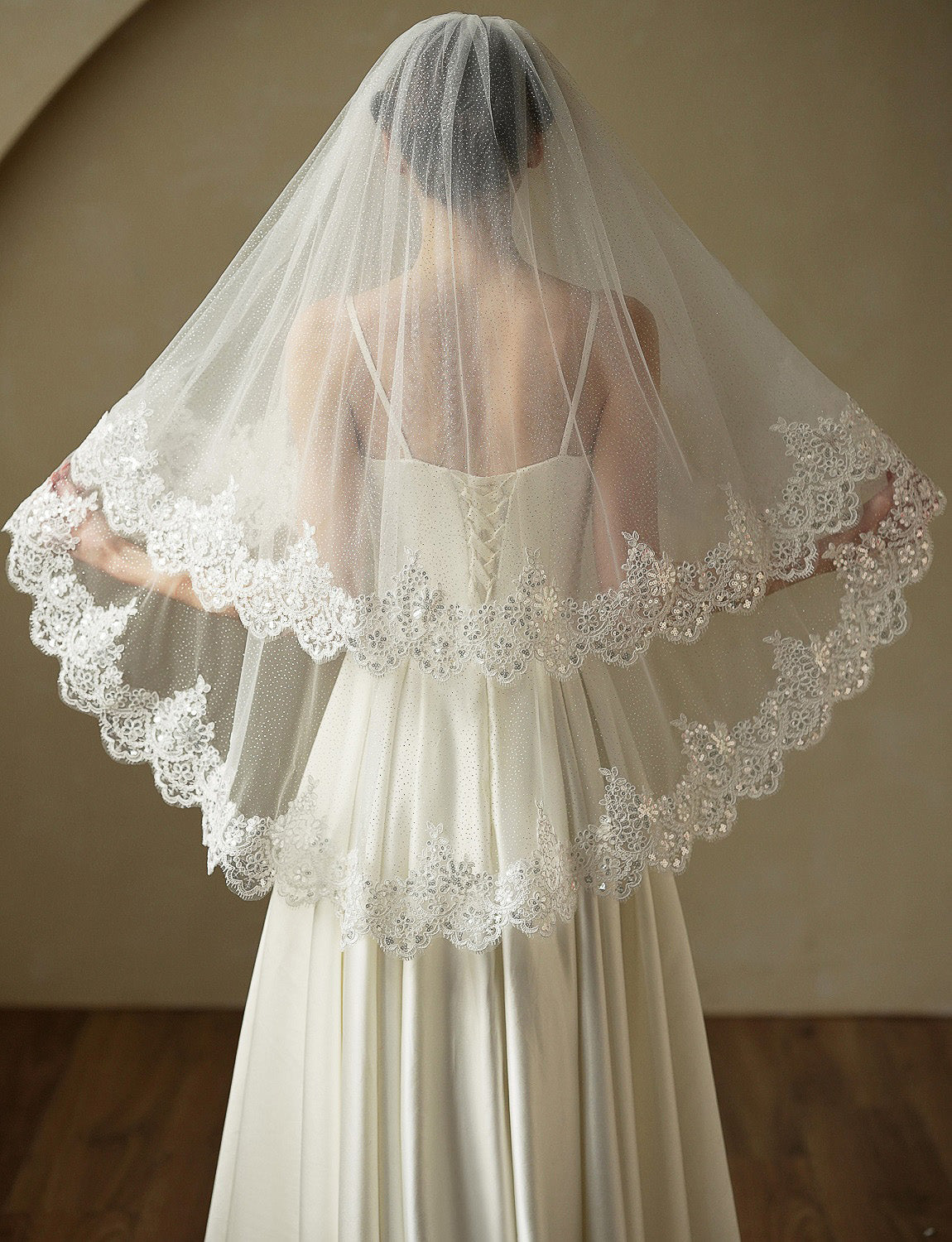 2 Tier Wedding discount Bridal Veil with Comb Shining Sequins Lace Elbow Length