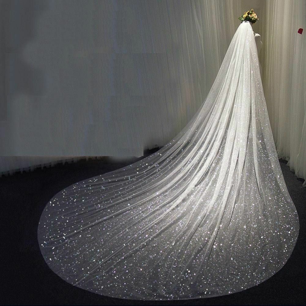 Champagne Bridal Cathedral Wedding Veil with Comb Sequins Appliques Tulle  Veil