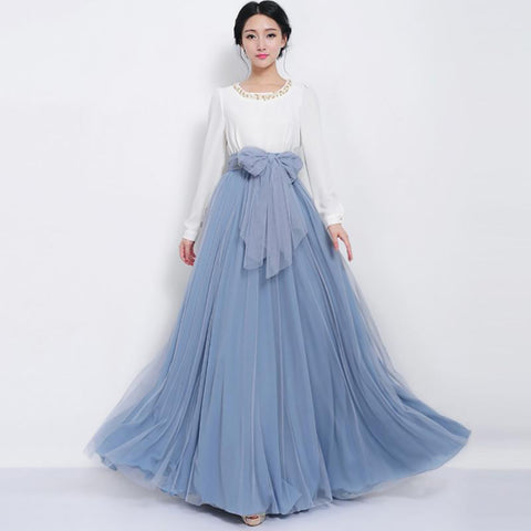 Long Maxi Tulle Skirt Bowknot Belt For Women Puffy Skirt P54