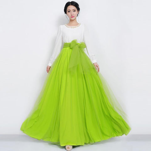 Long Maxi Tulle Skirt Bowknot Belt For Women Puffy Skirt P54