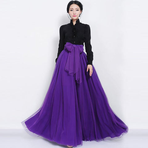 Long Maxi Tulle Skirt Bowknot Belt For Women Puffy Skirt P54