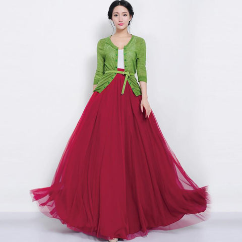 Long Maxi Tulle Skirt Bowknot Belt For Women Puffy Skirt P54