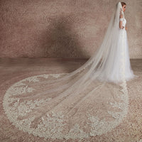Long 1 Tier Lace Sequin Wedding Bridal Veil With Metal Comb