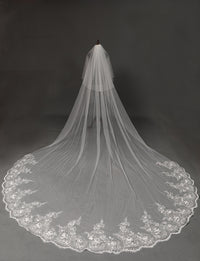 2 Tier Wedding Bridal Veil With Metal Comb Lace Sequin Cathedral  Long  L102